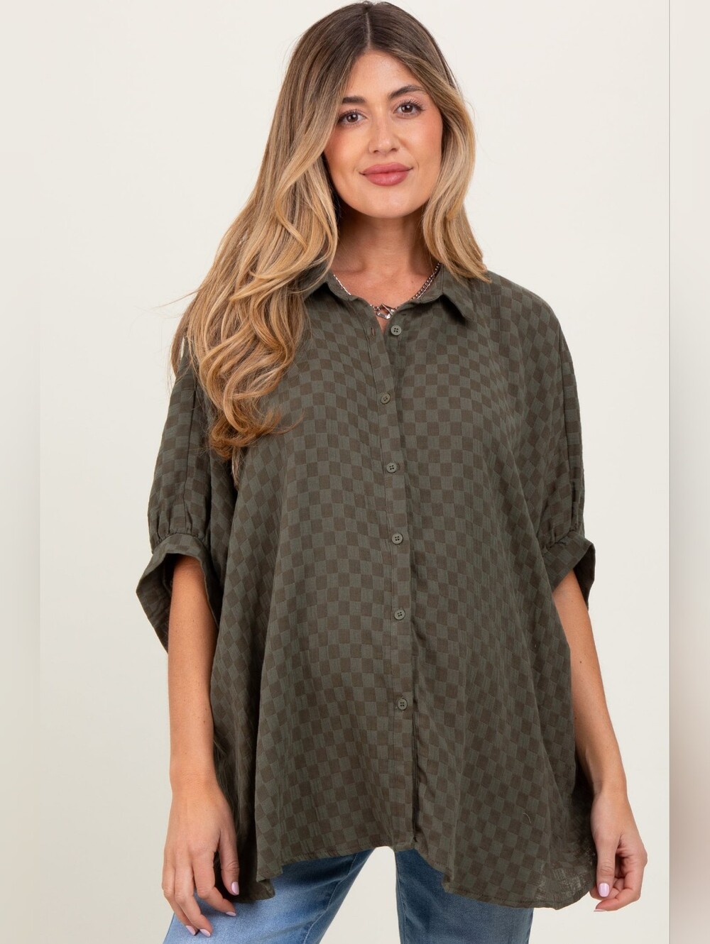 Pinkblush Olive Checker Print Short Sleeve Oversized Maternity Blouse